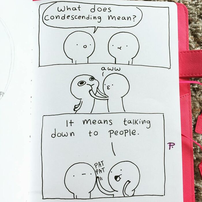 Precious Barmore comic strip showing a humorous explanation of condescending through simple character drawings and dialogue.