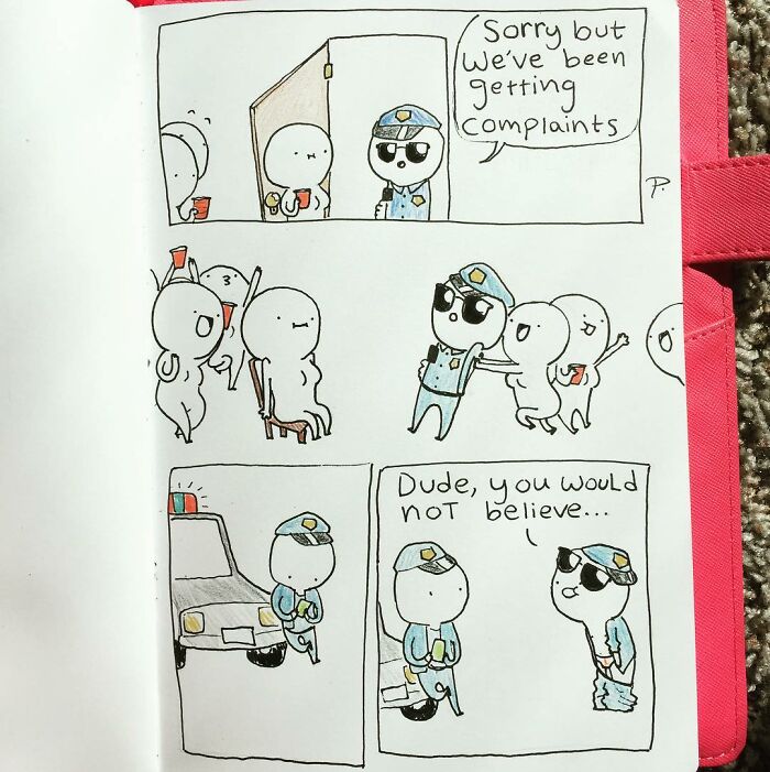 Comic strip from Precious Barmore featuring silly jokes and dark humor with a police character interacting with partygoers.