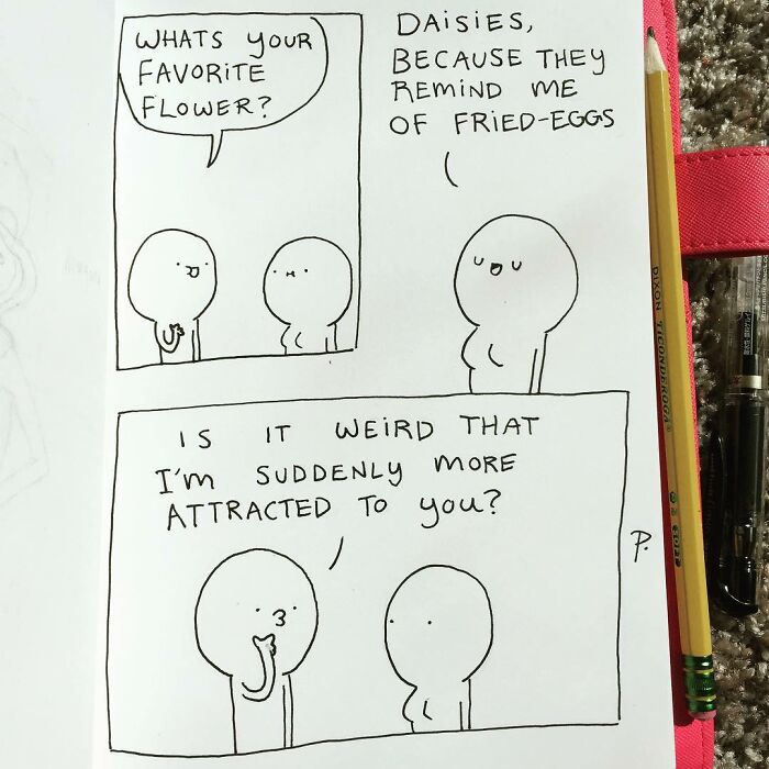 Hand-drawn Precious Barmore comic with simple characters sharing silly jokes and dark humor about flowers and attraction.