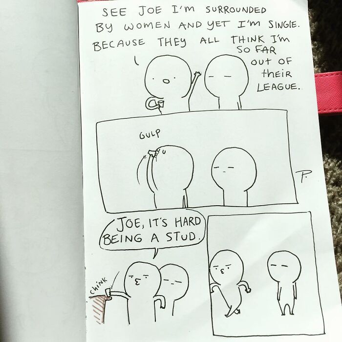 Hand-drawn Precious Barmore comic strip with simple characters and dark humor about being single and out of women’s league.