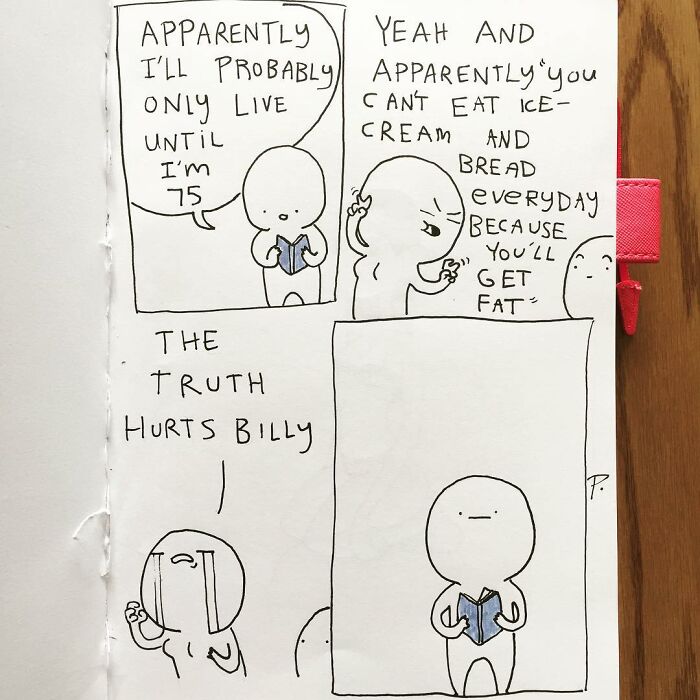 Comic from Precious Barmore showing simple characters sharing silly jokes and dark humor about life and habits.