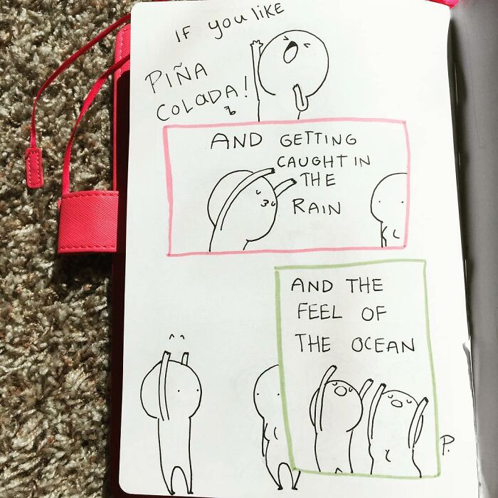 Hand-drawn Precious Barmore comics with simple characters sharing silly jokes and dark humor on a notebook page.