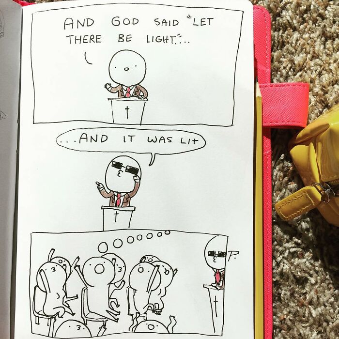 Hand-drawn Precious Barmore comic featuring silly jokes and dark humor with a character saying let there be light.