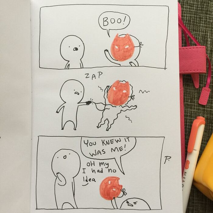 Hand-drawn Precious Barmore comic strip featuring simple characters and silly humor with a red devil figure and zap effects.