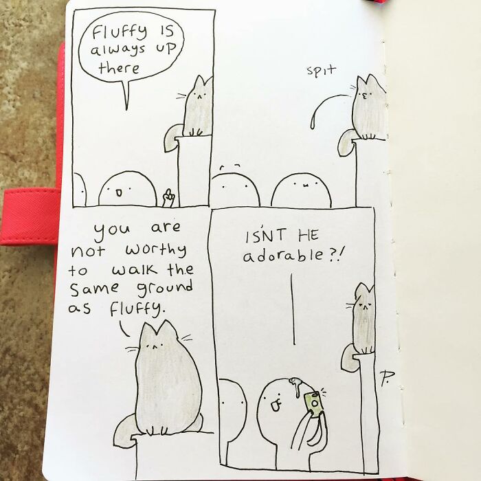 Hand-drawn Precious Barmore comic featuring silly jokes with a cat named Fluffy and playful characters.