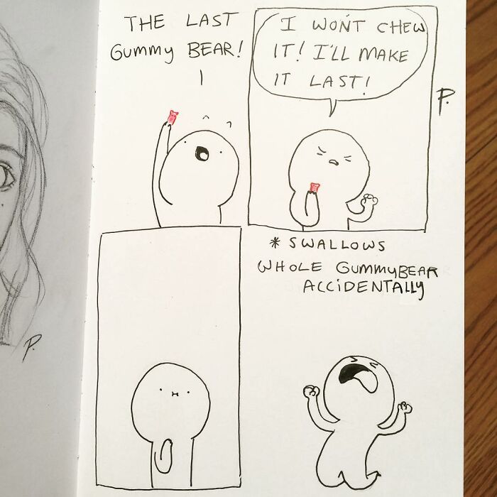 Hand-drawn Precious Barmore comic strip showing a character accidentally swallowing a gummy bear with silly humor.
