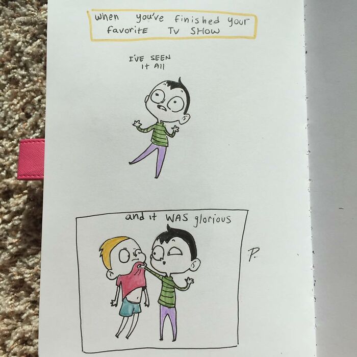 Hand-drawn Precious Barmore comic with silly and dark humor about finishing a favorite TV show.