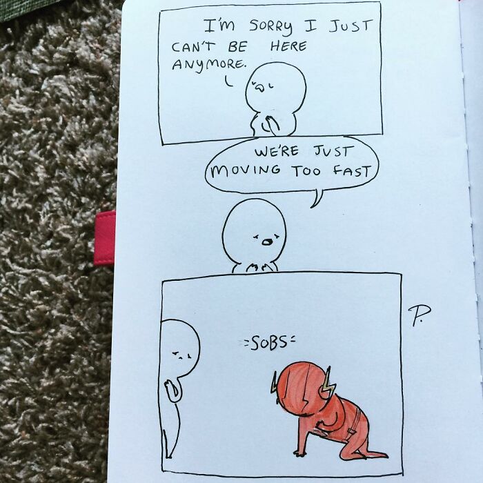 Hand-drawn Precious Barmore comic with simple characters and dark humor about moving too fast and feeling sad.