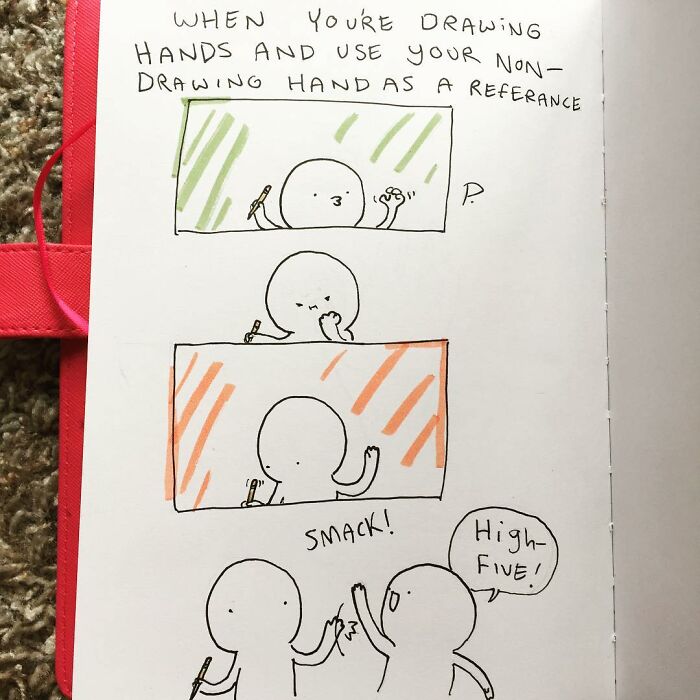 Comic strip from Precious Barmore showing silly jokes and dark humor with characters drawing hands and high-fiving.