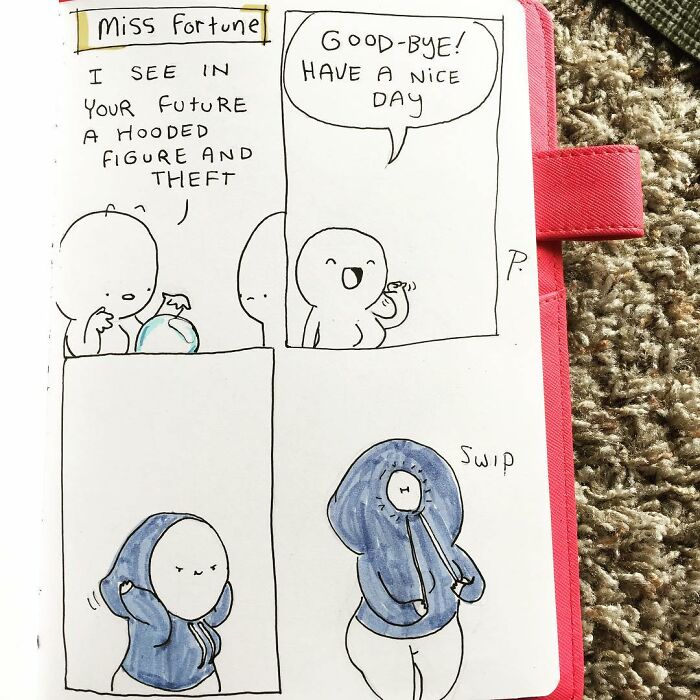 Hand-drawn Precious Barmore comic strip shows silly jokes with dark humor and a hooded figure prediction.