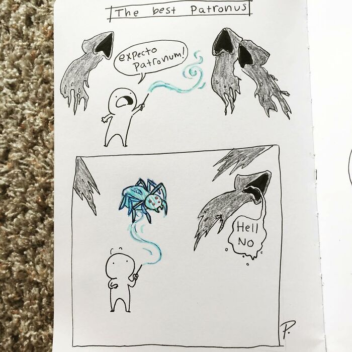Hand-drawn Precious Barmore comic strip showing a character casting a humorous Patronus spell with dark humor elements.