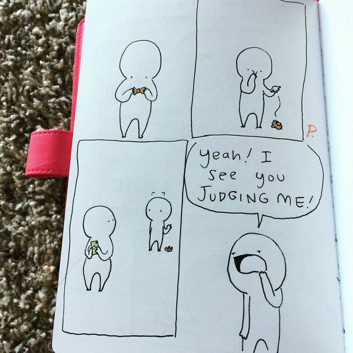 Hand-drawn Precious Barmore comic panels showing simple characters with silly jokes and dark humor elements.