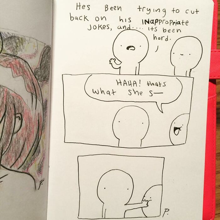 Simple hand-drawn Precious Barmore comic with silly jokes and dark humor in a notebook sketch style.