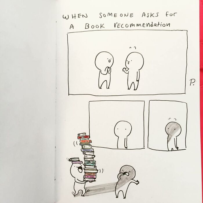 Minimalist Precious Barmore comic showing two characters with a stack of books, highlighting silly and dark humor in comics.