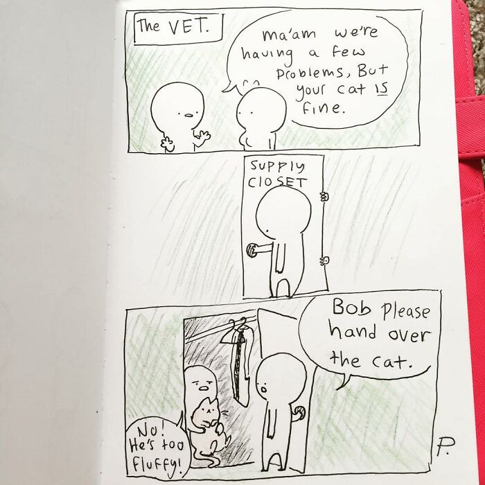 Hand-drawn Precious Barmore comic strip showing silly and dark humor with characters at the vet and a fluffy cat.
