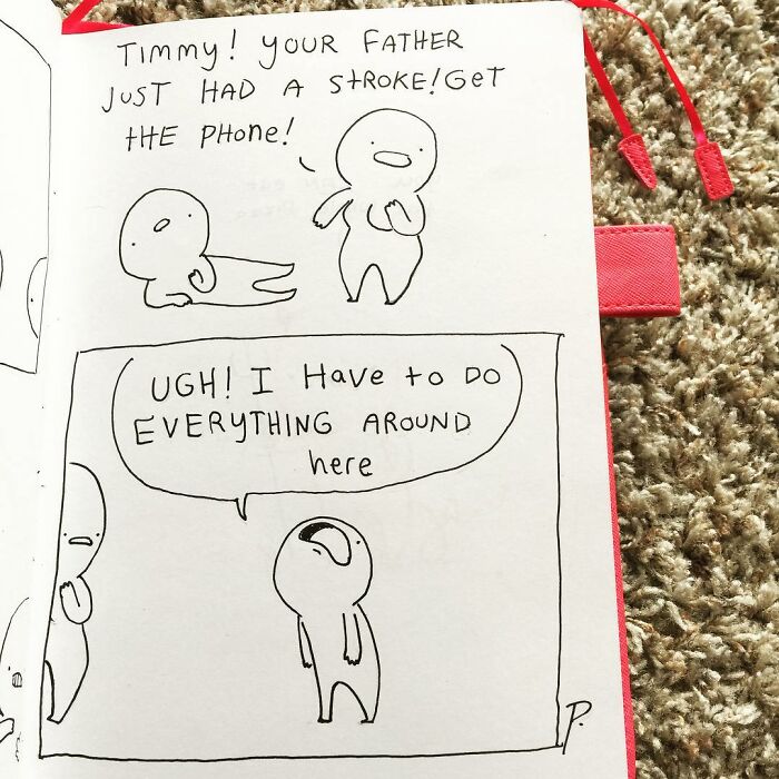 Hand-drawn Precious Barmore comic with simple characters sharing silly jokes and dark humor in black ink on white paper.