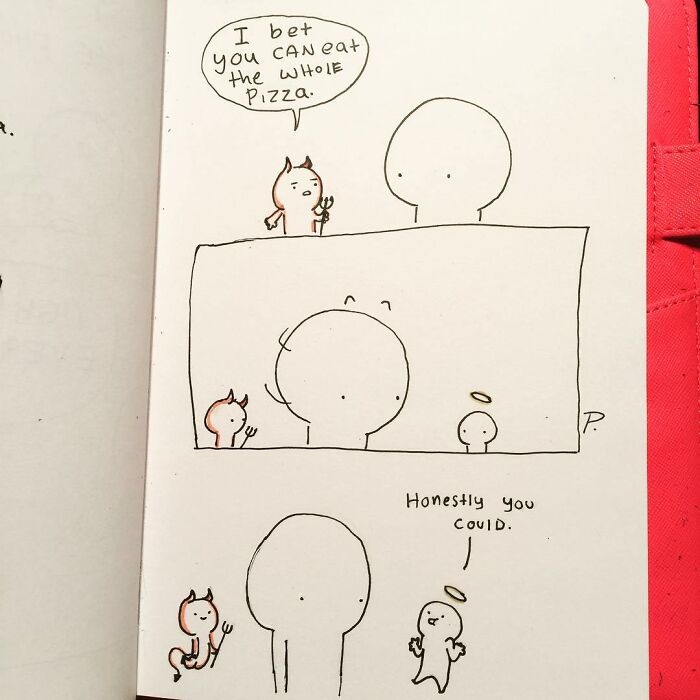 Hand-drawn Precious Barmore comic with characters sharing silly jokes and a touch of dark humor about eating pizza.