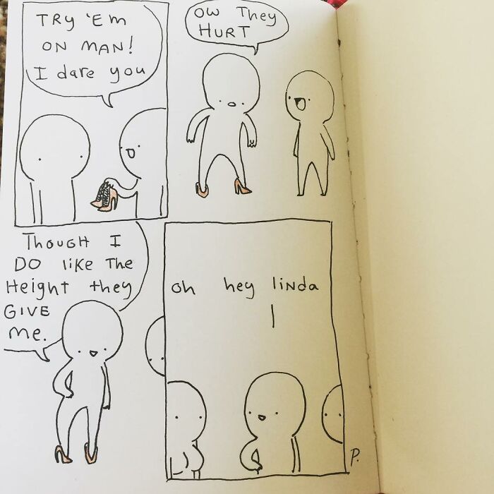 Hand-drawn Precious Barmore comics featuring simple characters, silly jokes, and hints of dark humor in a minimal style.