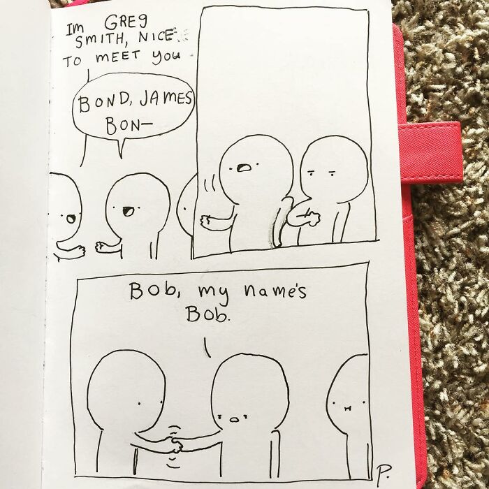 Simple hand-drawn comics with silly jokes and dark humor from the Precious Barmore comic series.