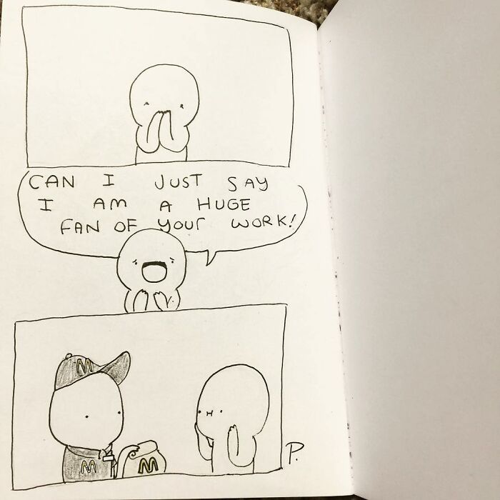 Precious Barmore comic strip with simple characters sharing silly jokes and moments of dark humor in black and white style.