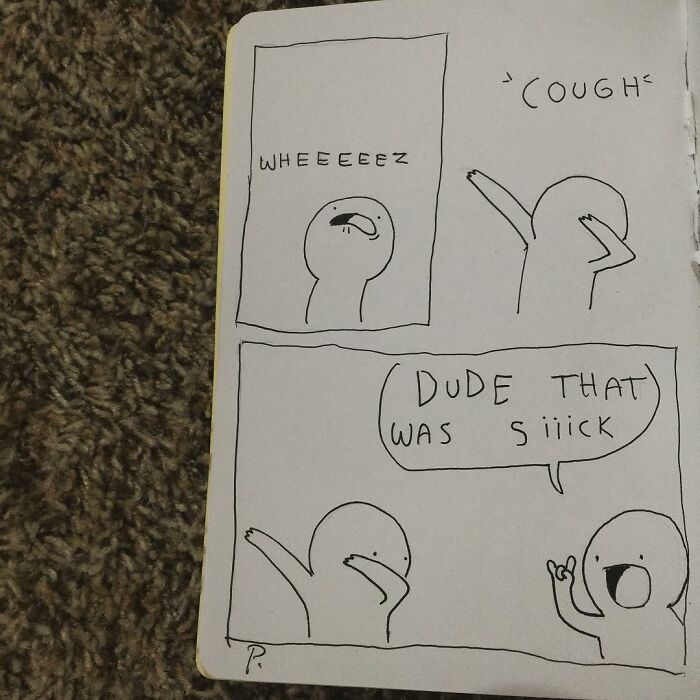 Hand-drawn Precious Barmore comic strip with silly jokes and dark humor featuring simple characters and dialogue.