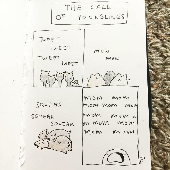 Hand-drawn Precious Barmore comic with animals making sounds in a simple, humorous style.