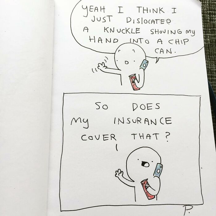 Hand-drawn Precious Barmore comic with a character joking about dislocating a knuckle and insurance coverage.