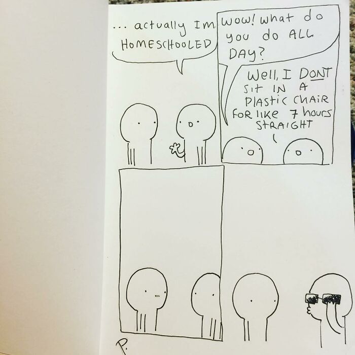 Minimalist Precious Barmore comic strip showing characters discussing homeschooling with silly and dark humor.