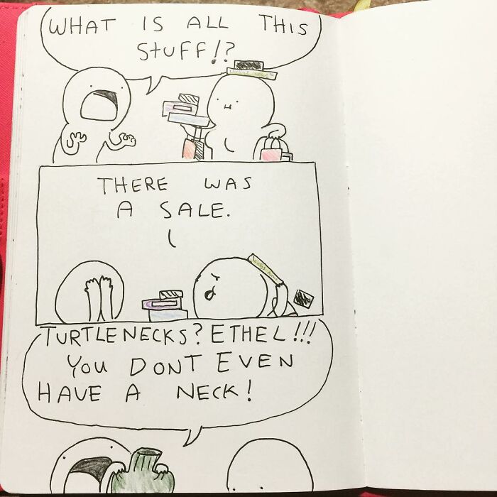 Hand-drawn Precious Barmore comics with silly jokes featuring characters discussing turtlenecks in a humorous style.