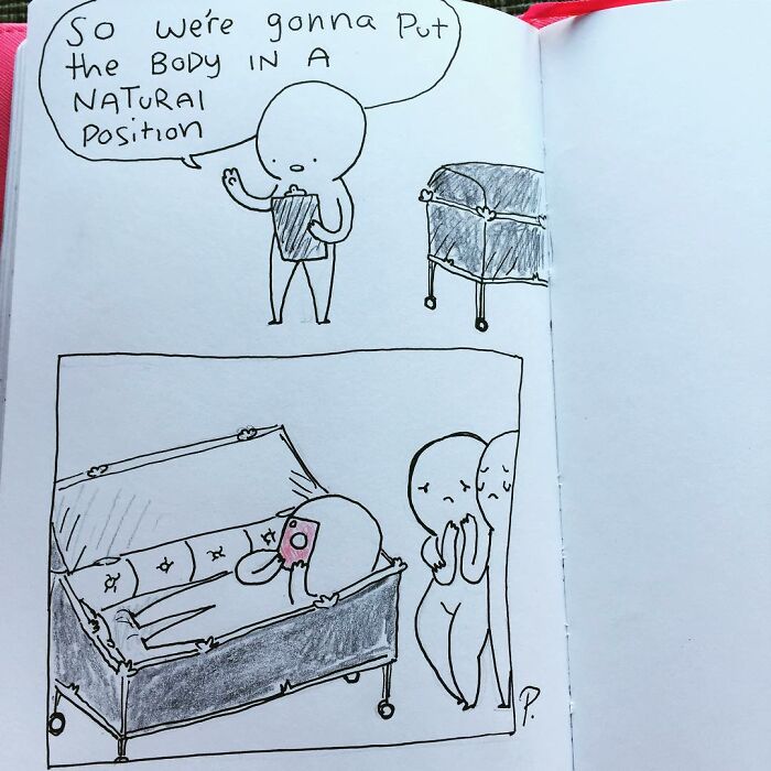 Hand-drawn Precious Barmore comic featuring characters with dark humor in a coffin scene and a clipboard conversation.