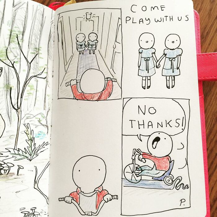 Hand-drawn Precious Barmore comic with silly jokes and dark humor featuring simple characters and playful scenes.