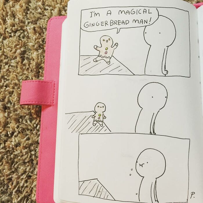 Precious Barmore comic sketch showing a magical gingerbread man and a simple character in a minimalistic style.