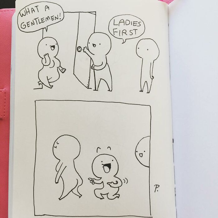 Simple Precious Barmore comic strip showing characters with silly jokes and lighthearted humor in black and white sketches.