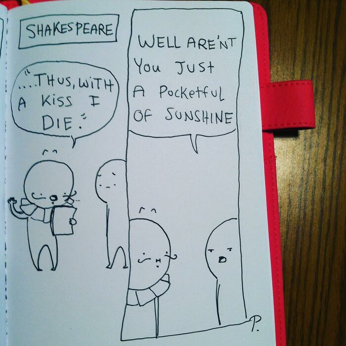 Hand-drawn Precious Barmore comic featuring silly jokes with simple characters and humorous Shakespeare reference.