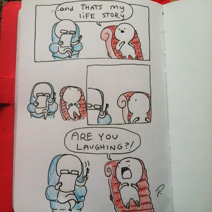 Hand-drawn Precious Barmore comic strip showing two characters in chairs with silly and dark humor dialogue.