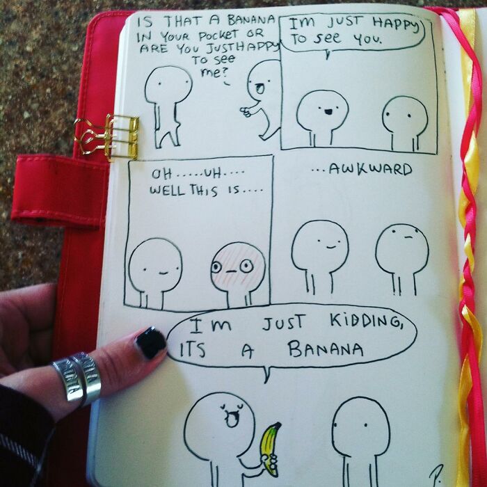 Hand-drawn Precious Barmore comic strip featuring silly jokes with simple characters and a banana punchline.