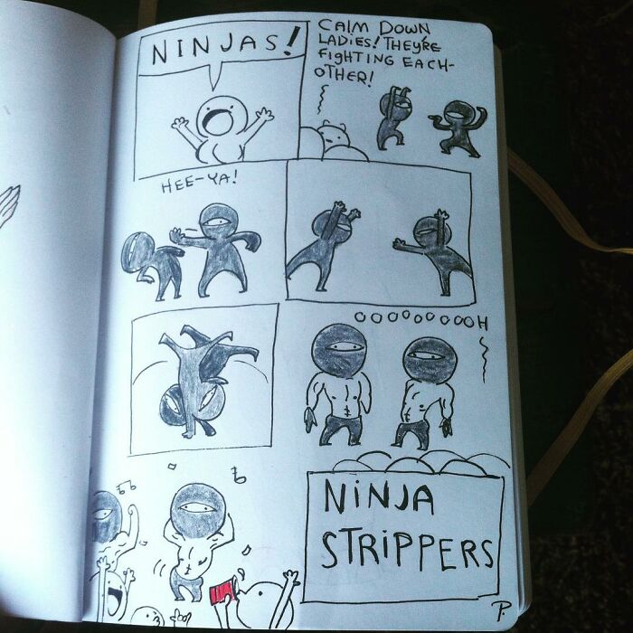 Hand-drawn comic featuring ninjas fighting and dancing, showcasing precious barmore comics with silly jokes and humor.