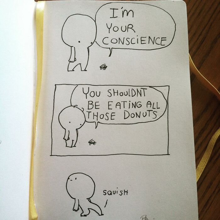 Precious Barmore comics showing a simple character humorously representing conscience with silly and dark humor.