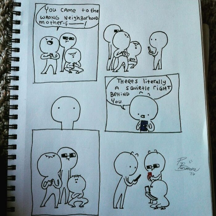 Hand-drawn Precious Barmore comics featuring simple characters with silly jokes and subtle dark humor in casual scenes.