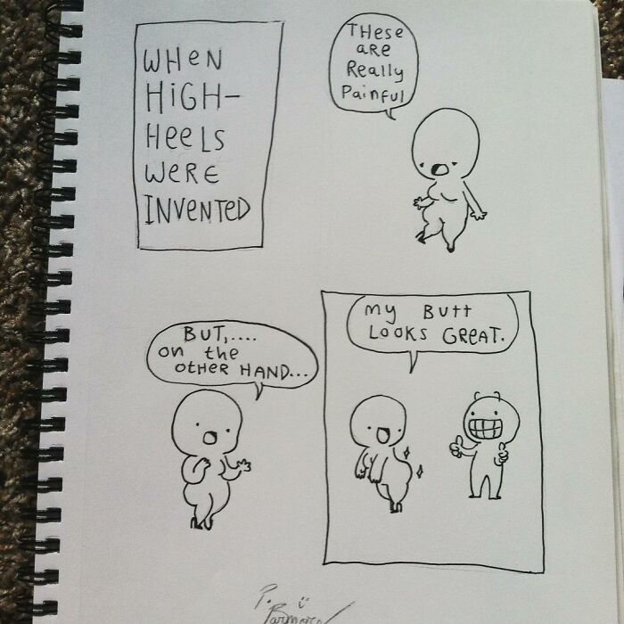 Hand-drawn Precious Barmore comic showing characters joking about high heels being painful but making a b**t look great.