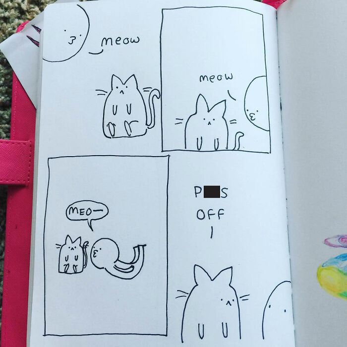 Hand-drawn Precious Barmore comics featuring a cat and moon with silly jokes and subtle dark humor in simple black ink style.
