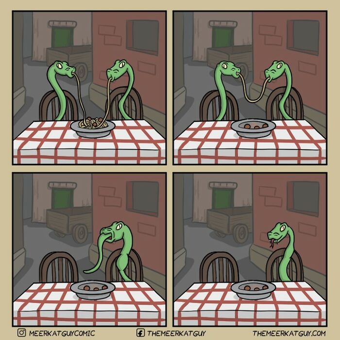 Two snakes share a meal of spaghetti and meatballs in a humorous animal comic strip.