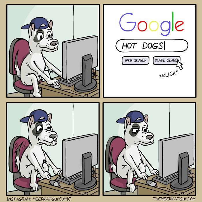 Funny animal comic showing a dog searching for hot dog images online, highlighting humor in animal comics.