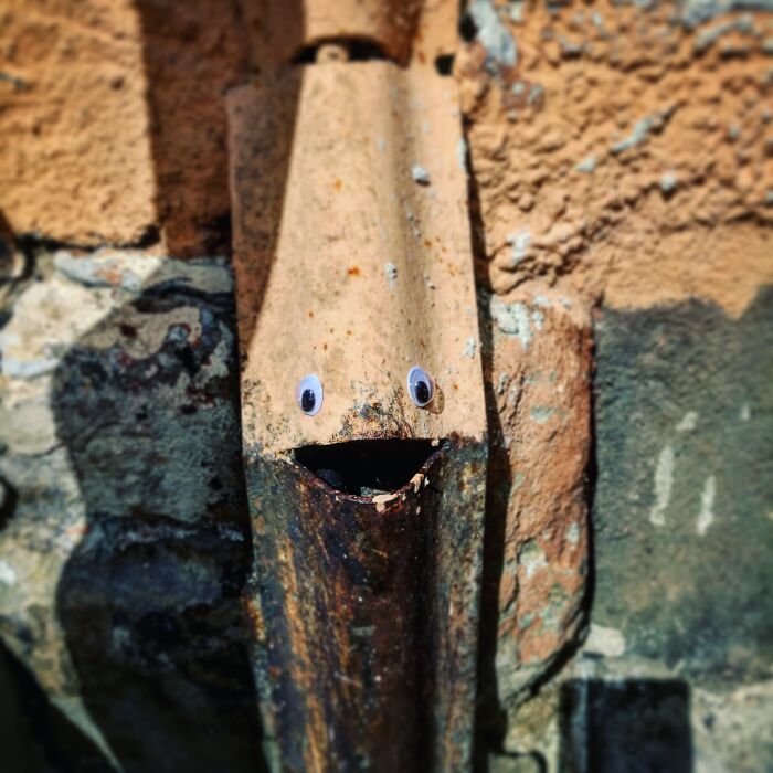 Rusty drainpipe with googly eyes on a textured wall, showcasing creative street art and urban visual expression.