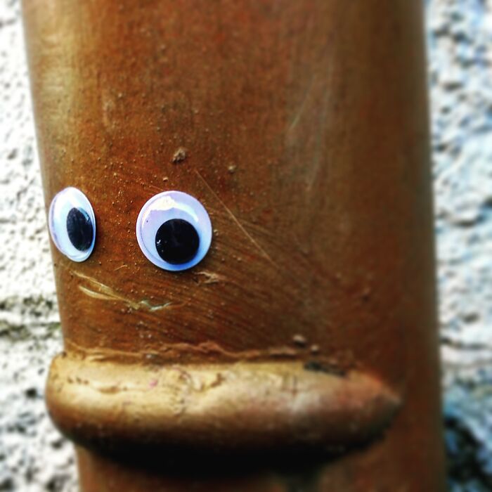 Close-up of street art featuring a rusty surface with attached googly eyes creating a playful face.