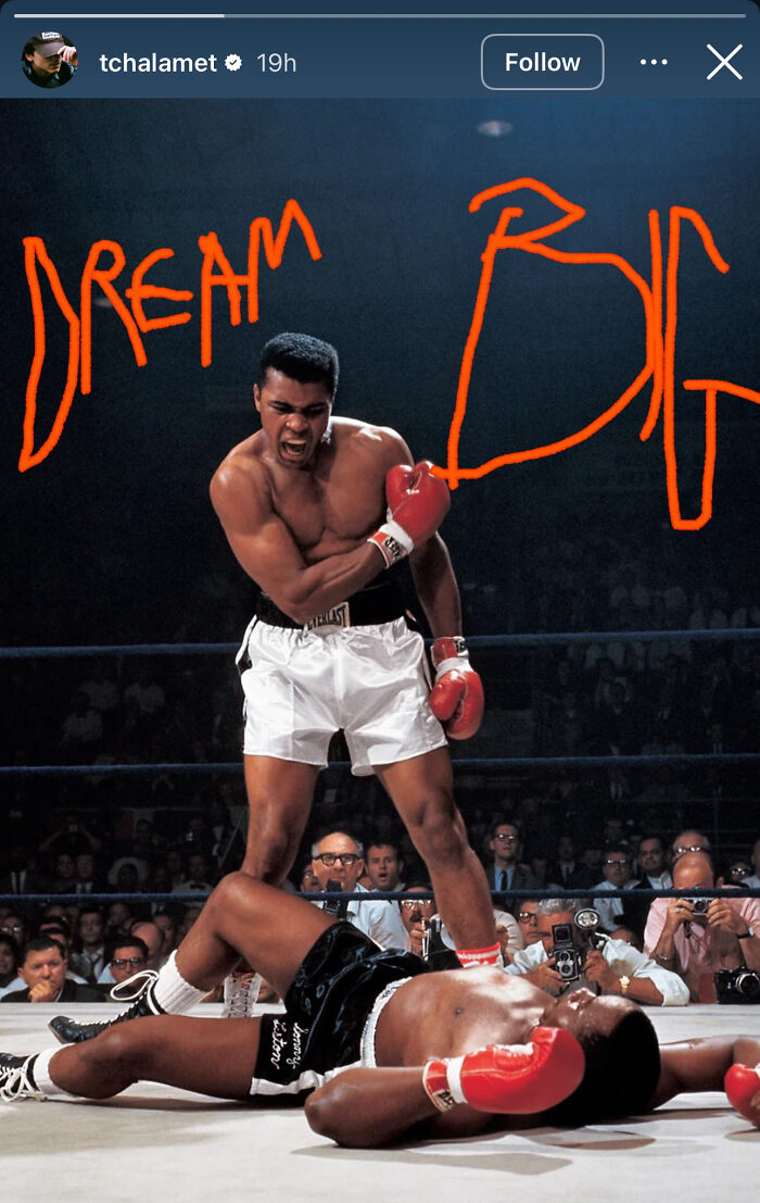 Boxing match photo with one fighter standing victorious and the text dream big in red, related to Timoth&eacute;e Chalamet post.