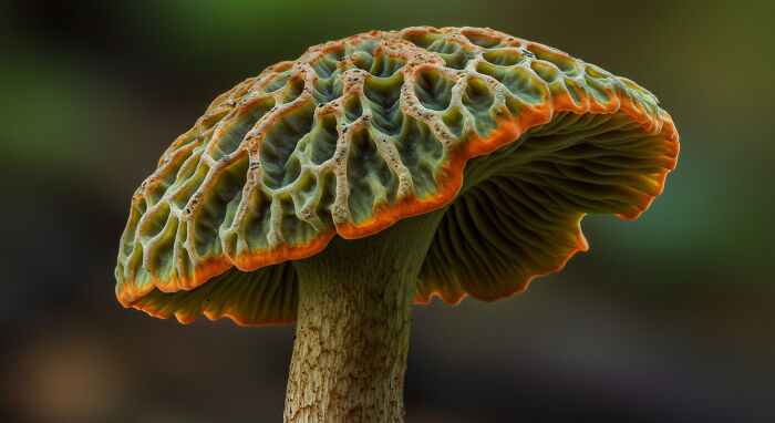 Close-up macro photo of a textured mushroom cap showing intricate patterns and beauty in tiny details.