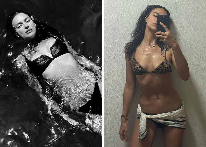 Two women showcasing stunning celebrity beach bodies in bikinis, one floating in water and the other taking a mirror selfie.