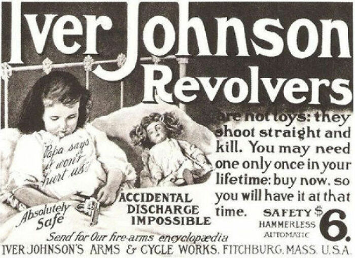 Vintage advertisements showing a child holding a revolver with a doll, highlighting vintage advertisements' controversial nature.