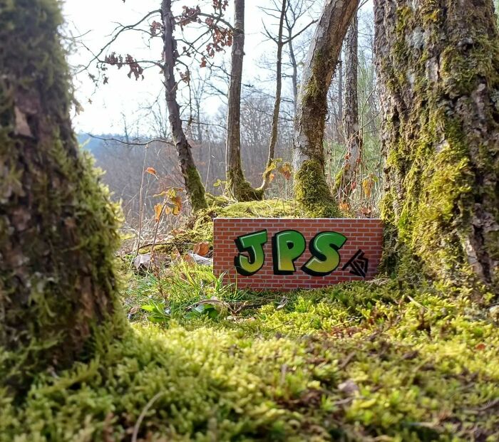 Graffiti art with green letters on a brick background placed in a mossy forest, interacting with natural surroundings.